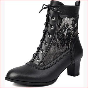 Victorian Lace Up Ankle Boots with Side Zipper Kitten Heel
